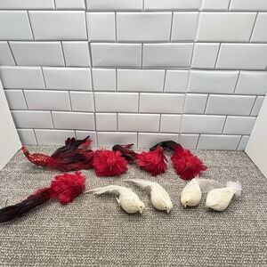 Feathered Bird Ornaments With Clips On Bottom VTG Red And White Sparkles Glitter